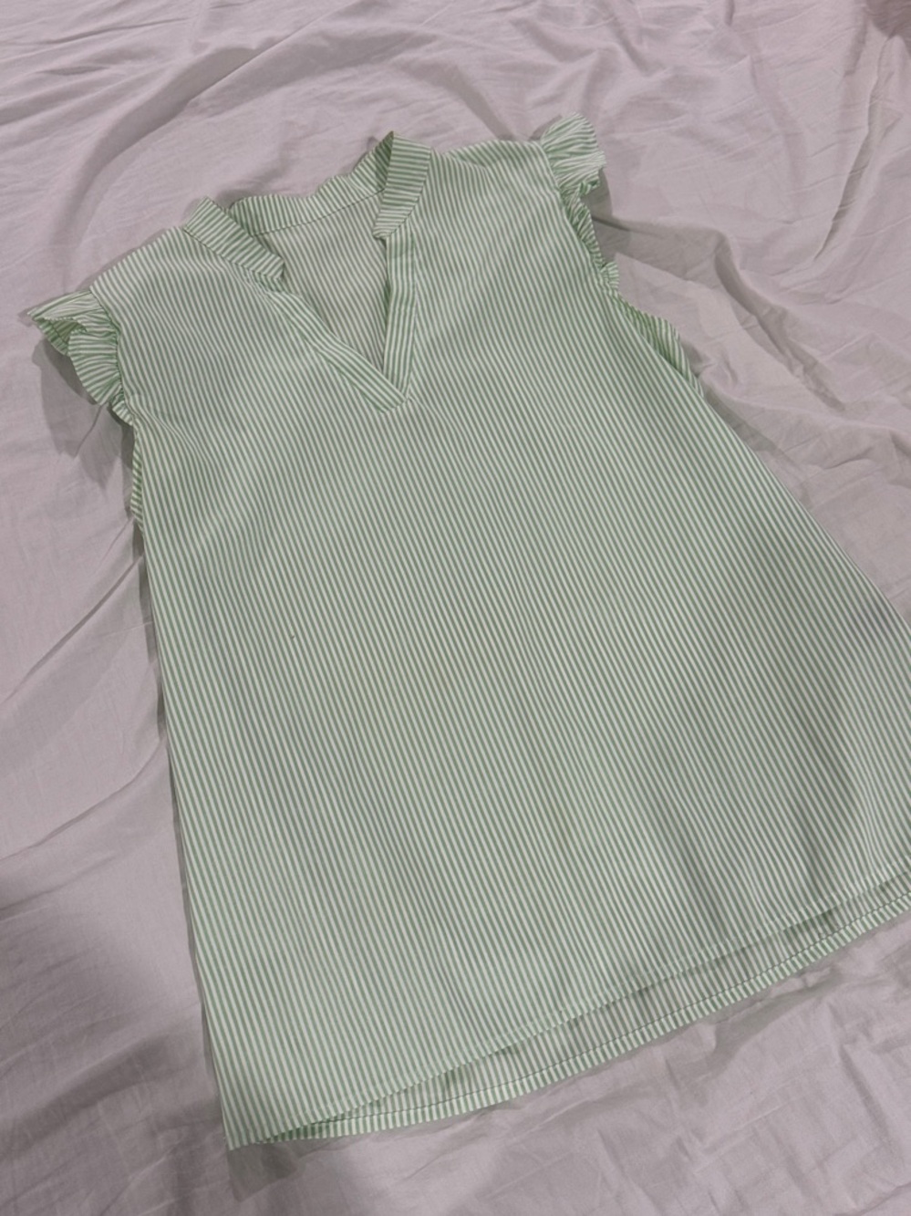 Light Green Striped V-Neck Airy Flutter Sleeve Top
